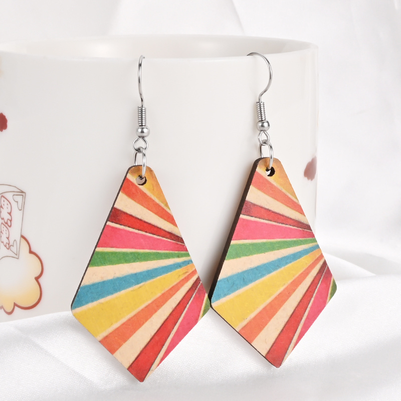 Colorful Stripes Rhombus Wooden Earrings, Boho Style